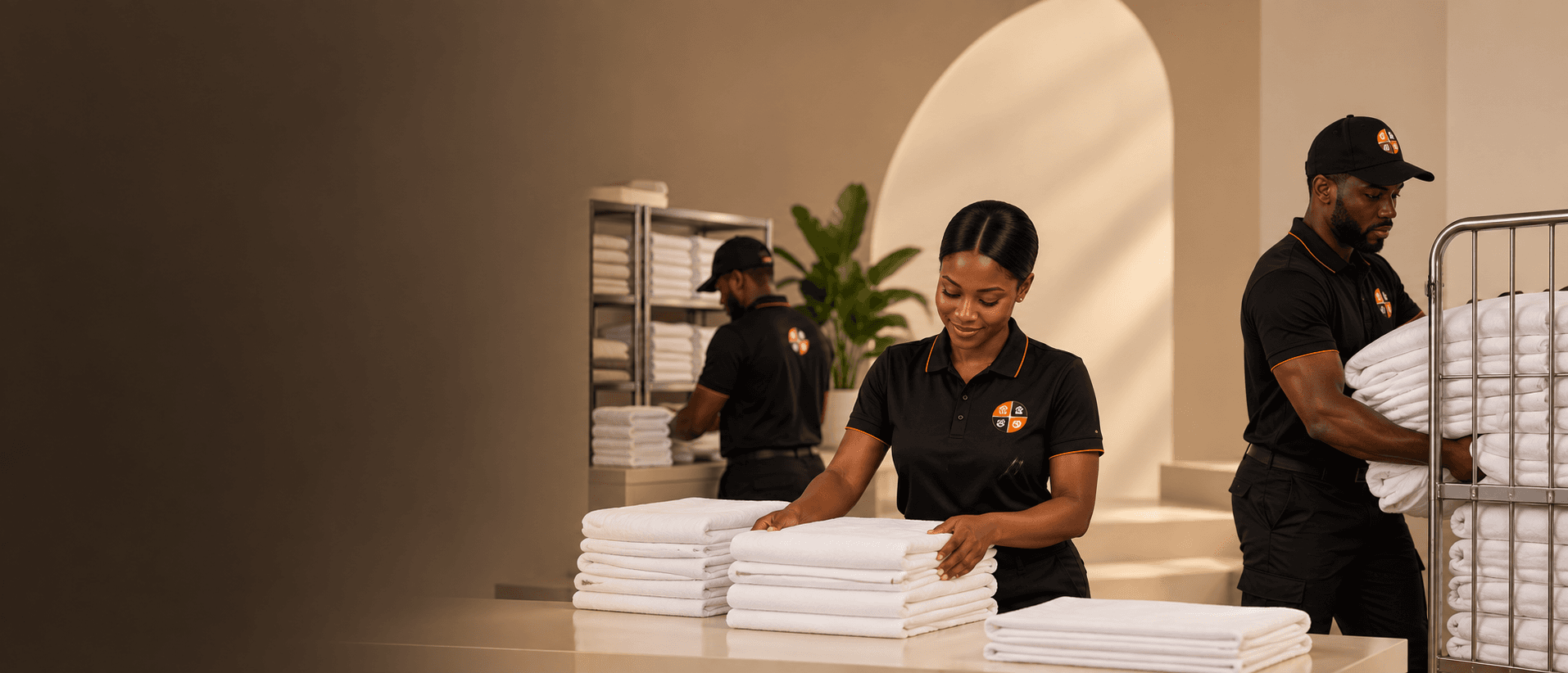 Hotel linen being folded and stacked by the Service Vault Ghana team